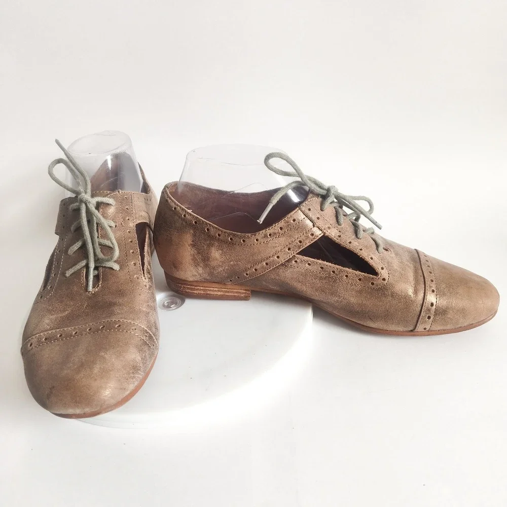 Fossil‎ Flats Size 8.5 Oxford Lace-up Metallic Bronze Leather Cut Out Academia